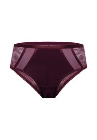 Bordowe majtki z wysokim stanem, zdobione koronkowymi akcentami w kwiatowy wzór, z siateczkowymi bokami i teksturowanym ciałem oraz falbanistym wykończeniem.