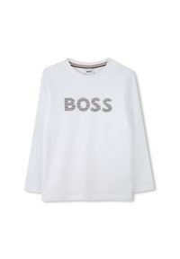 Witte langemouw t-shirt van katoen met een grijs gestippeld "BOSS" logo op de voorkant. Ronde hals met contrasterende binnenkant streepdetail.