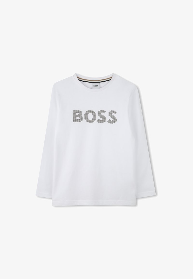 T-shirt blanc à manches longues en coton présentant un logo "BOSS" gris à pois sur le devant. Encolure ronde avec un détail de rayure intérieure contrastante.