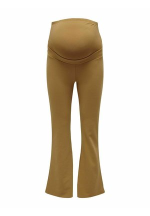Bruine zwangerschapsbroek met een elastische tailleband, flared benen en een gladde textuur, ontworpen voor comfort tijdens de zwangerschap.