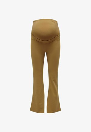 Pantalons de maternité marron avec une taille élastique, des jambes évasées et une texture douce, conçus pour le confort pendant la grossesse.