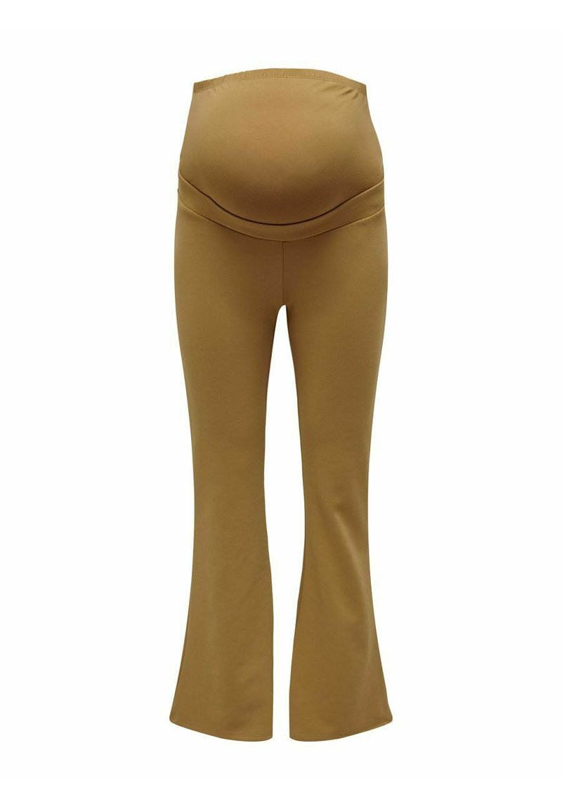 Bruine zwangerschapsbroek met een elastische tailleband, flared benen en een gladde textuur, ontworpen voor comfort tijdens de zwangerschap.