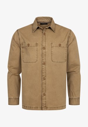 Beige knappskjorte med lange ermer, to brystlommer og klassisk krage. Laget av et teksturert stoff med et subtilt rutemønster.