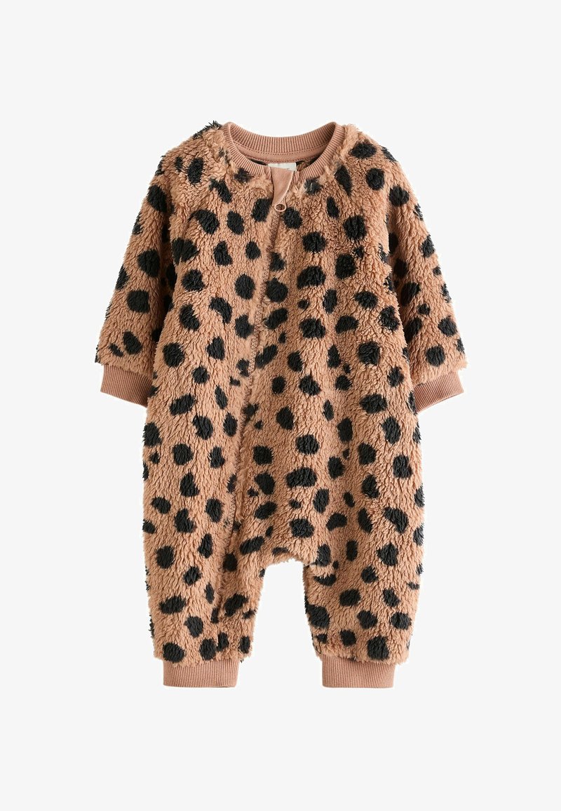 Leopardų rašto kombinezonas iš minkštos, pūkuotos medžiagos. Juodi taškai ant šviesiai rudos fono, ilgos rankovės ir krakmolo raukai. Priekyje esantis užtrauktukas.