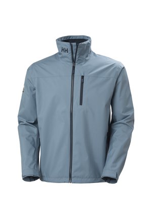 Hellblaue wasserdichte Jacke mit hohem Kragen, vertikalem Reißverschluss auf der Brusttasche, durchgehendem Frontreißverschluss und HH-Logo am Kragen.