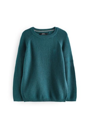 Dzianinowy sweter w kolorze morskim z okrągłym dekoltem, żebrowanymi długimi rękawami i dołem, teksturowanym wzorem ściegu oraz raglanowymi ramionami.
