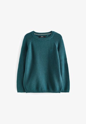 Pull tricoté col rond bleu sarcelle avec manches longues côtelées et ourlet, motif de points texturé et design raglan aux épaules.