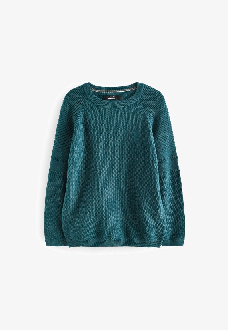 Pull tricoté col rond bleu sarcelle avec manches longues côtelées et ourlet, motif de points texturé et design raglan aux épaules.