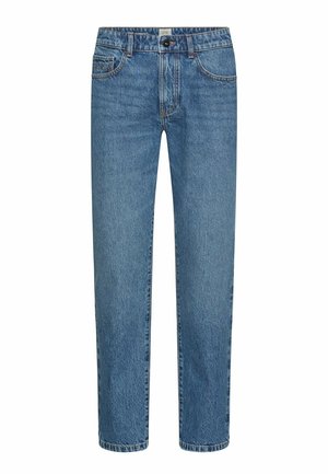 Blauwe denim jeans met rechte pijpen, klassieke vijfzakkenontwerp, riemlussen en een knoopsluiting aan de voorkant, afgebeeld op een witte achtergrond.