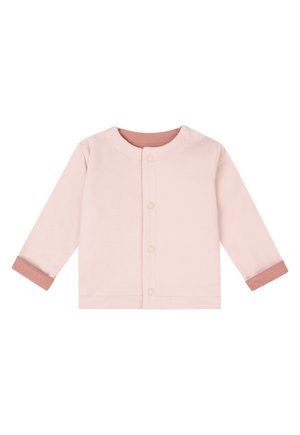 Hellrosa langärmlige Strickjacke mit runder Ausschnitt, ausgestattet mit einem Knopfverschluss und kontrastierenden rosafarbenen Bündchen. Weicher Stoff.