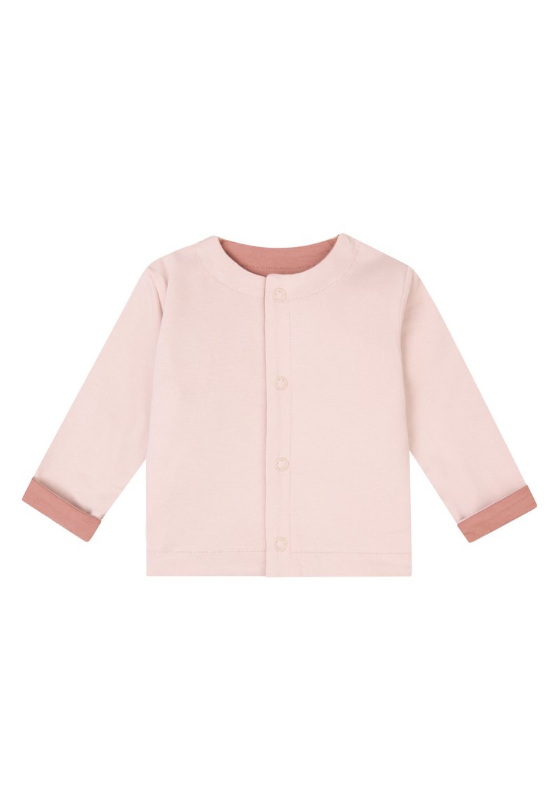 Ljust rosa långärmad kavaj med rund halsringning, med knäppning och kontrasterande rosiga ärmslut. Mjuk tygstruktur.