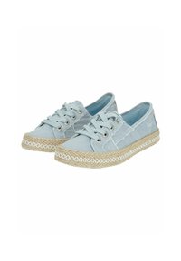 Sneakers in tela azzurra chiara con design con lacci, rifiniture in giuta e suola in gomma testurizzata. Presentano dettagli cuciti e una fodera morbida.
