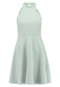 Robe sans manches vert clair avec un col montant, jupe évasée, tissu lisse et une petite fermeture à bouton à l'arrière du cou.