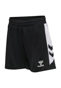 Svarta sportshorts med elastisk midjeband, med vita sidopaneler och ett svart chevronmönster. Hummel-logotyp på nedre vänstra sidan.