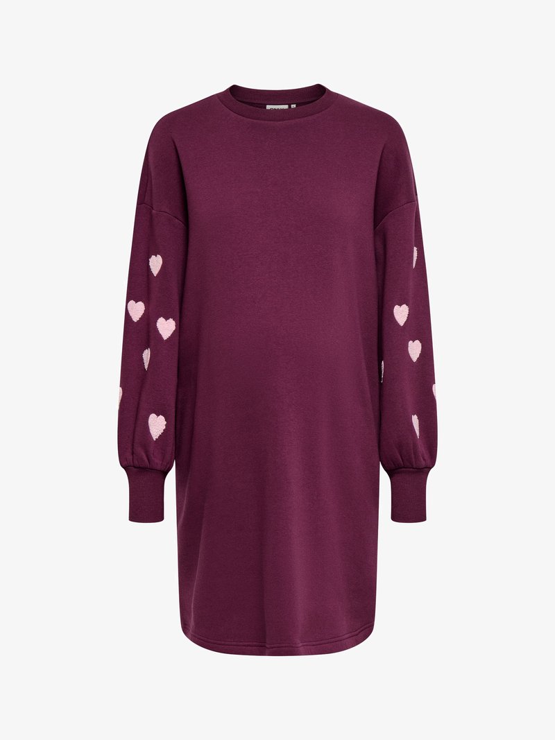Robe violette à manches longues avec encolure ronde et motifs de cœurs roses sur les deux manches, avec des poignets côtelés.