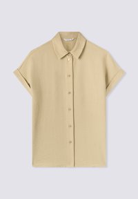 Camicia a maniche corte con colletto in tessuto beige chiaro con finitura testurizzata, dotata di chiusura con bottoni sul davanti e maniche arrotolate.