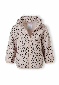 Geacă roz deschis pentru copii cu glugă, cu pete negre neregulate, fermoar frontal, manșete elastice și căptușeală moale interioară, mărimea 3-4 ani.