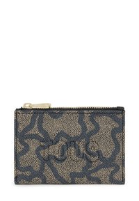 Zip wallet in textured fabric with beige and dark blue abstract pattern. Features gold-colored hardware and a slim rectangular shape.