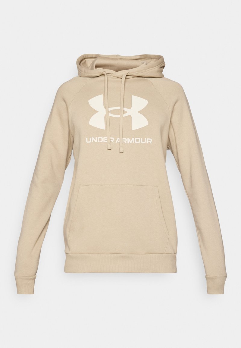 Felpa beige con tasca a marsupio, cappuccio con cordino e logo Under Armour bianco. Presenta polsini e orlo a coste. Tessuto morbido.
