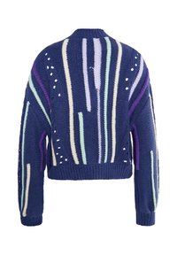 Zils adīts džemperis ar daudzkrāsainām vertikālām svītrām purpursarkanā, piparmētru zaļā un balta krāsā. Ir īsa forma un atvērtās darbības detaļas.