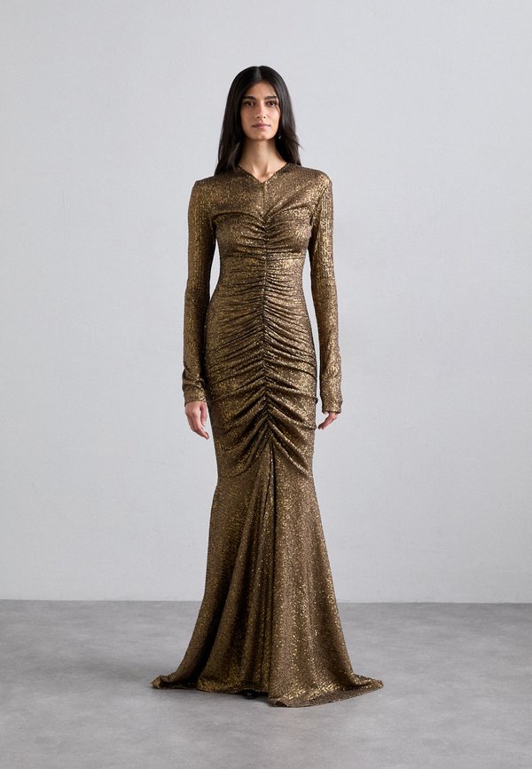 LONG SLEEVE V NECK SHIRRED FRONT FISHTAIL GOWN - Ballkleid - bronze