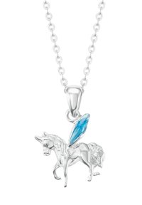 Collana con pendente di unicorno argentato con ali blu, caratterizzata da dettagli intricati sulla criniera e superficie texturizzata. Attaccata a una catena a maglie.