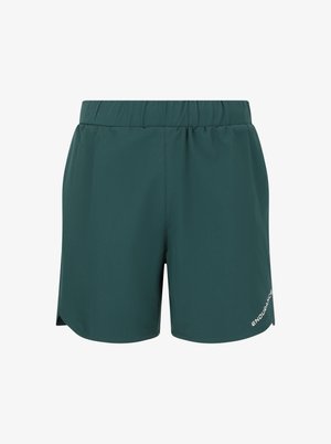 Shorts de sport verts en matériau léger avec une taille élastique. Présentent des fentes sur les côtés pour faciliter les mouvements et un logo sur la jambe.