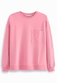Roze katoenen sweatshirt met lange mouwen, ronde hals en een getextureerde patchzak aan de linkerkant. Gladde textuur en een ontspannen pasvorm.