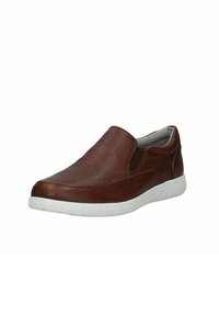 Scarpe slip-on in pelle marrone con tomaia perforata, suola in gomma bianca, punta rotonda e accenti elastici ai lati per una facile calzata.