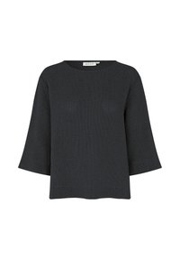 Blusa nera, con texture, dal collo rotondo e maniche a campana 3/4. Realizzata in tessuto leggero, progettata per una vestibilità comoda. Stile minimalista.