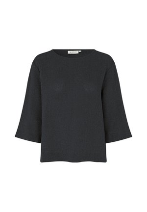 Blouse noire texturée avec un décolleté rond et des manches cloche 3/4. Fabriquée en tissu léger, conçue pour un ajustement ample. Style minimaliste.