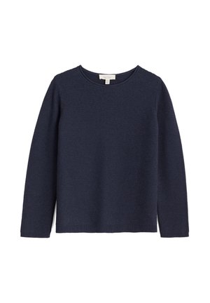 Maglione lungo blu navy con collo rotondo, texture a costine e orlo dritto. Realizzato in materiale lavorato a maglia con design semplice.