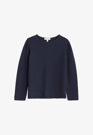 Tamsiai mėlynas ilgos rankovės megztinis su apvalia iškirpte, röbiniais ir tiesia apatine dalimi. Pagamintas iš megztos medžiagos, turinčios paprastą dizainą.