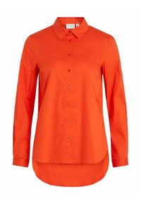Chemise à manches longues de couleur orange vif, en tissu mélangé coton. Elle présente un col classique, une fermeture à boutons et un ourlet arrondi.