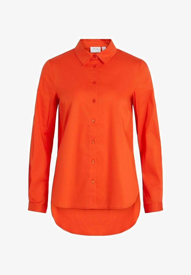Chemise à manches longues de couleur orange vif, en tissu mélangé coton. Elle présente un col classique, une fermeture à boutons et un ourlet arrondi.