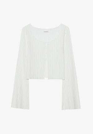 Valkoinen, ribattu, lyhyt toppi pyöreällä kaula-aukolla, pitkillä hihoilla ja nappilistan kanssa. Sisältää hienoa tekstuuria ja etuhalkion yksityiskohdan.