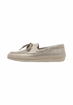 Scarpa mocassino beige chiaro con tomaia in pelle testurizzata, design con lacci, suola in gomma e dettagli intrecciati lungo il misol.