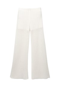Witte broek met wijde pijpen van een gemêleerde brei stof, voorzien van verticale strepen en een hoge tailleband, ontworpen voor een losse pasvorm.