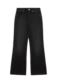 Sorte jeans med vide ben, forrest med knap- og lynlåslukning samt fem lommer, lagt fladt på en hvid baggrund.