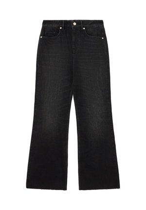 Sorte jeans med vide ben, forrest med knap- og lynlåslukning samt fem lommer, lagt fladt på en hvid baggrund.