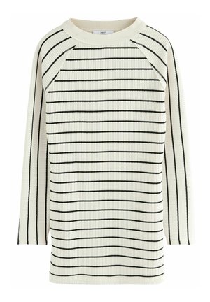 Pull en maille côtelée à manches longues couleur crème avec des rayures horizontales noires et un col rond.