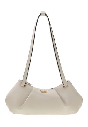 Petit sac à épaule beige avec longues bandoulières, forme arrondie et logo doré "GUESS EST 1981" au centre avant.