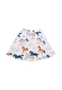 Weißer Rock mit einem bunten Pferdemuster in Braun-, Grau- und Schwarztönen, mit elastischem Bund und ausgestelltem Design.