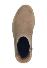Tan leather ankle boot with a smooth texture, rounded toe, side zipper, and a cushioned interior. Sole offers a slight elevation.