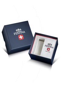 Festina pulksteņa kaste, tumši zila kartona, zelta logo, sarkanas detaļas, baltas putas iekšpusē, strukturēts dizains, Šveicē ražots uzlīme iekšpusē.