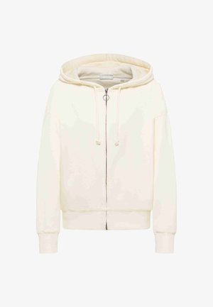 Kremfarvet hættetrøje med lynlås, snoretræk, ribben ved ærmerne og hætte, vist på en hvid baggrund.