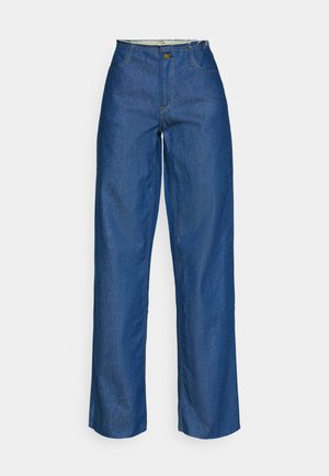 High-waisted blue denim trousers with a straight leg design, featuring visible stitching and a button closure at the waistband.