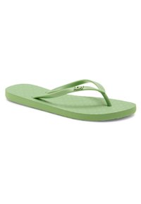 Green rubber flip-flop sandal with textured footbed and thin straps, featuring a small "ROXY" logo on one strap.