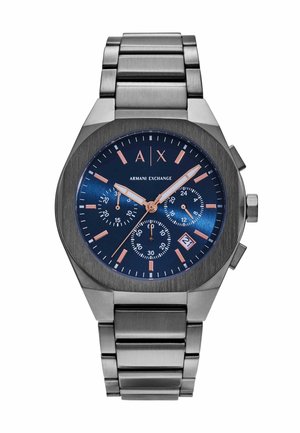 Orologio da polso metallizzato Armani Exchange con quadrante blu, lancette in oro rosa, tre sottoquadranti, indicatore della data alle 4 e cinturino metallico a maglie.