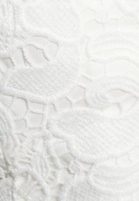 Tissu blanc avec un design en dentelle brodée intricate présentant des motifs floraux et des accents lisses et texturés. Couture détaillée sur un fond transparent.